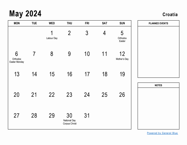 May 2024 Printable Monthly Calendar with Croatia Holidays