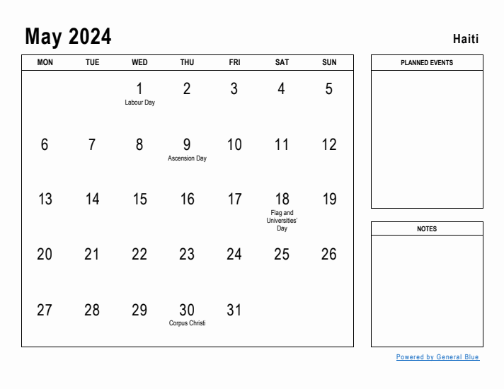 May 2024 Printable Monthly Calendar with Haiti Holidays