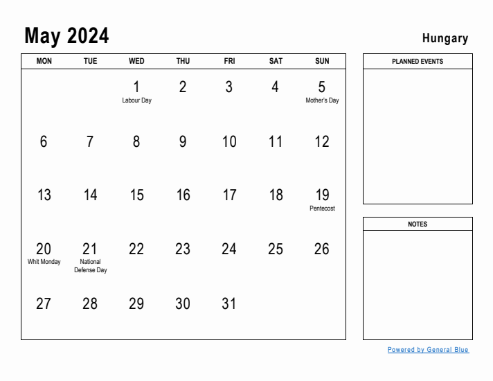 May 2024 Printable Monthly Calendar with Hungary Holidays