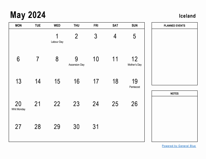 May 2024 Printable Monthly Calendar with Iceland Holidays