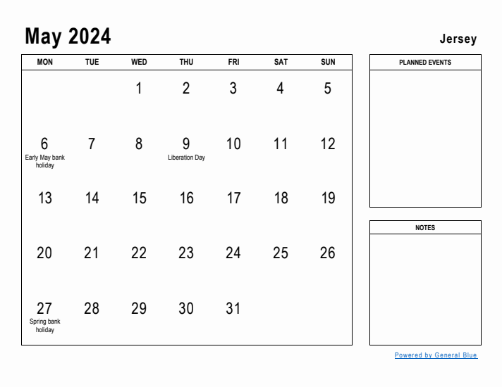 May 2024 Printable Monthly Calendar with Jersey Holidays