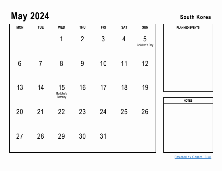 May 2024 Printable Monthly Calendar with South Korea Holidays