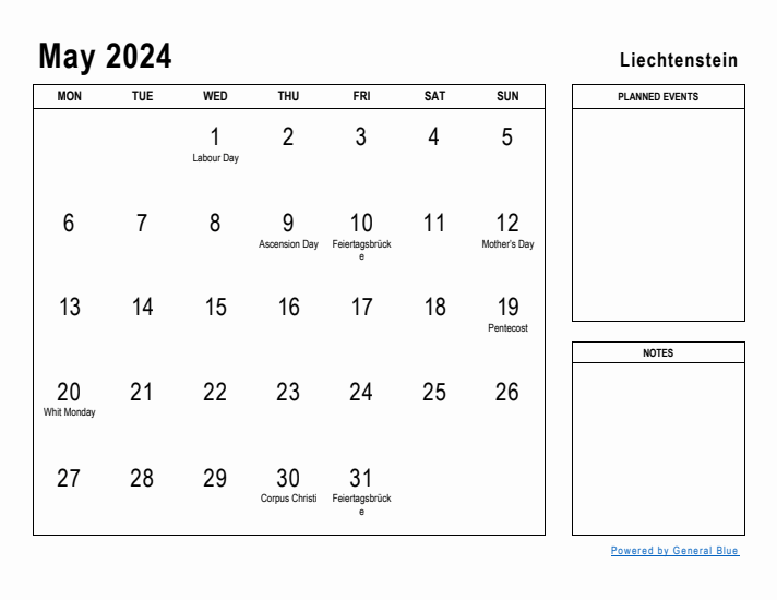 May 2024 Printable Monthly Calendar with Liechtenstein Holidays