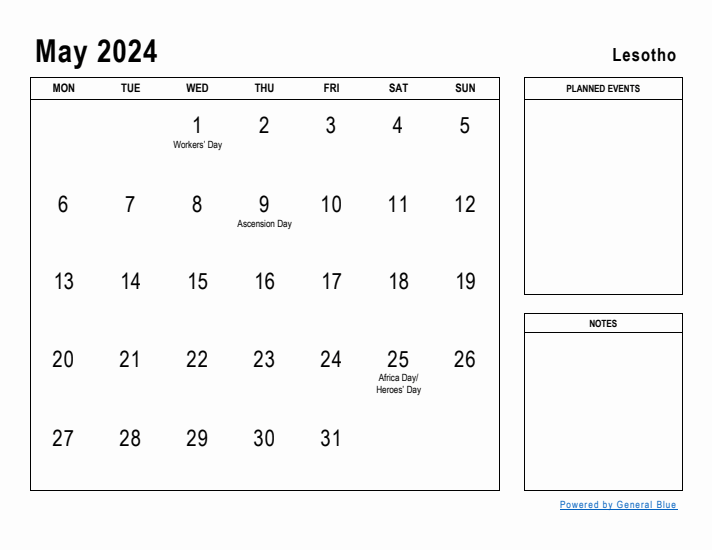 May 2024 Printable Monthly Calendar with Lesotho Holidays