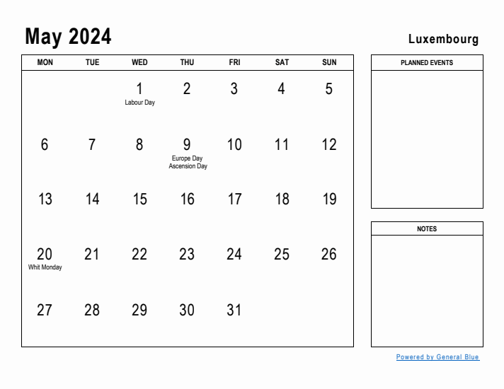 May 2024 Printable Monthly Calendar with Luxembourg Holidays