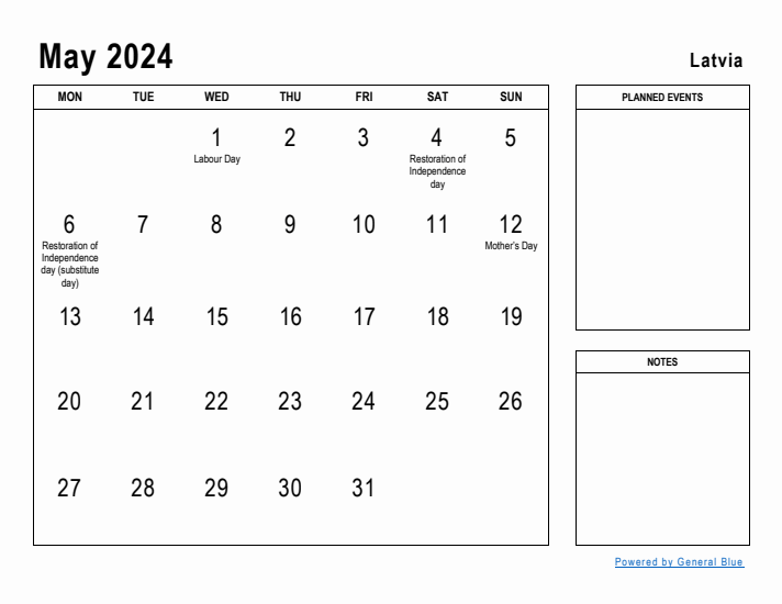 May 2024 Printable Monthly Calendar with Latvia Holidays