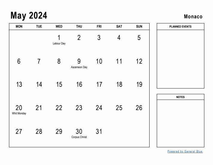 May 2024 Printable Monthly Calendar with Monaco Holidays