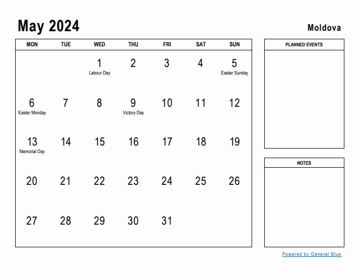 May 2024 Printable Monthly Calendar with Moldova Holidays