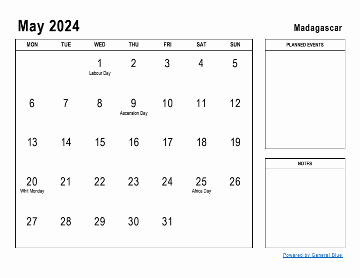 May 2024 Printable Monthly Calendar with Madagascar Holidays