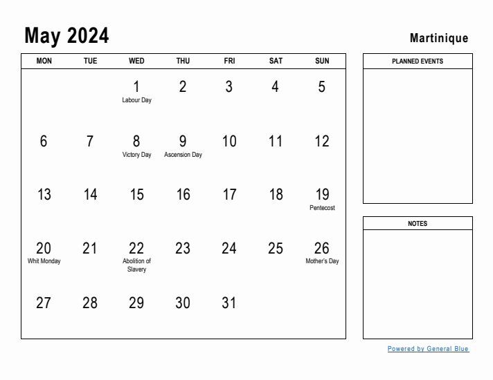 May 2024 Printable Monthly Calendar with Martinique Holidays