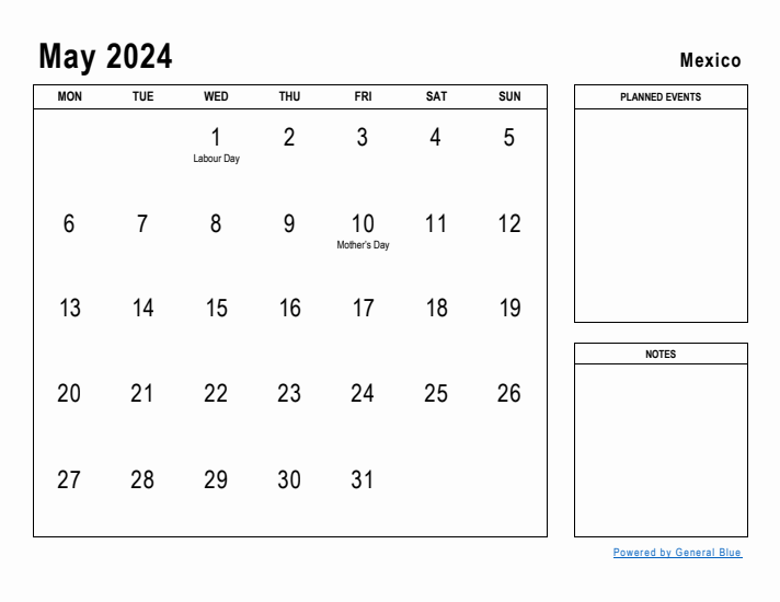 May 2024 Printable Monthly Calendar with Mexico Holidays