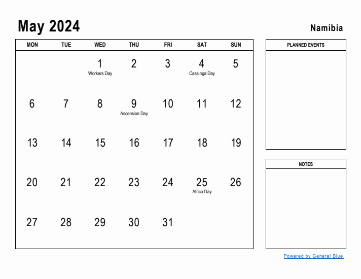 May 2024 Printable Monthly Calendar with Namibia Holidays