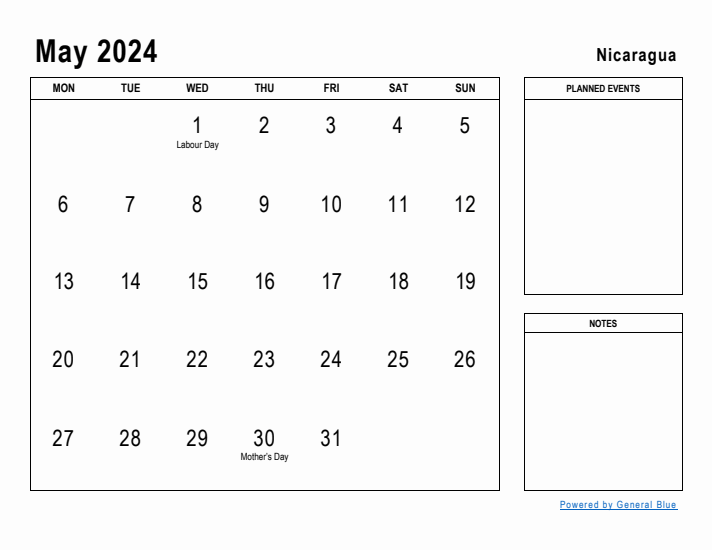 May 2024 Printable Monthly Calendar with Nicaragua Holidays