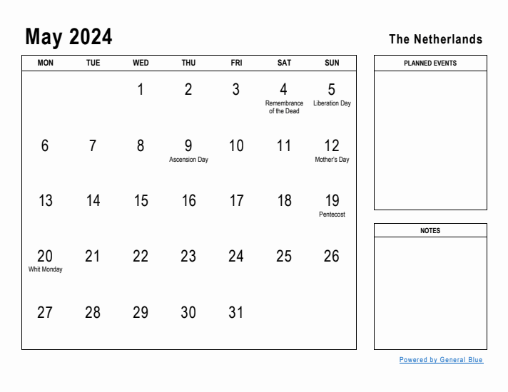 May 2024 Printable Monthly Calendar with The Netherlands Holidays