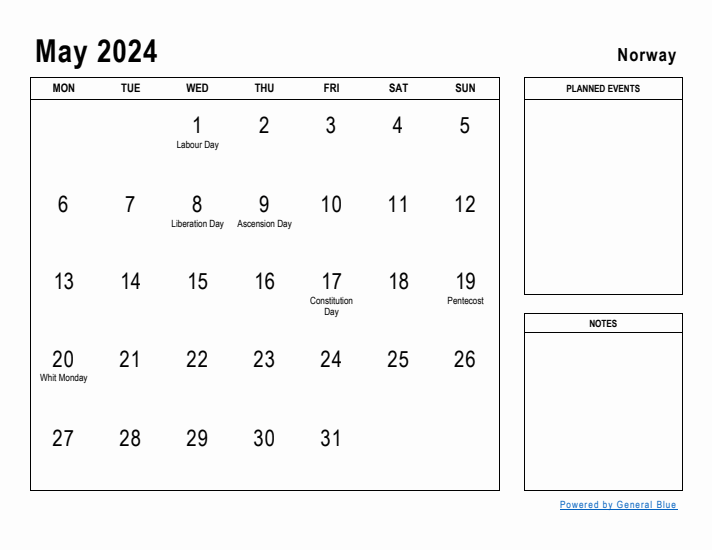 May 2024 Printable Monthly Calendar with Norway Holidays