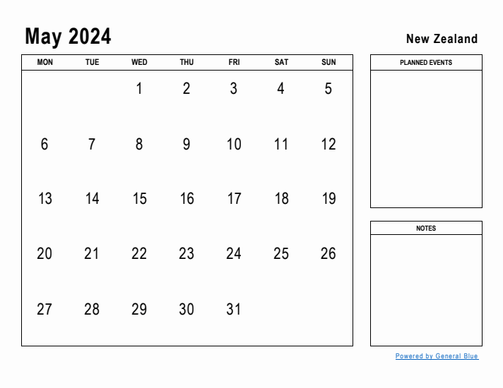 May 2024 Printable Monthly Calendar with New Zealand Holidays