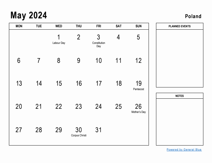 May 2024 Printable Monthly Calendar with Poland Holidays