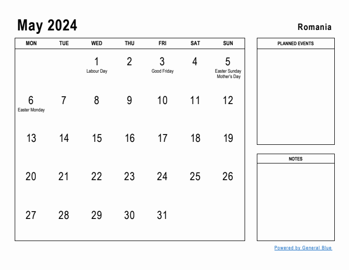 May 2024 Printable Monthly Calendar with Romania Holidays