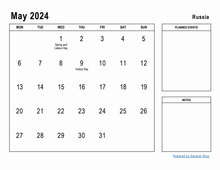 May 2024 Printable Monthly Calendar with Russia Holidays