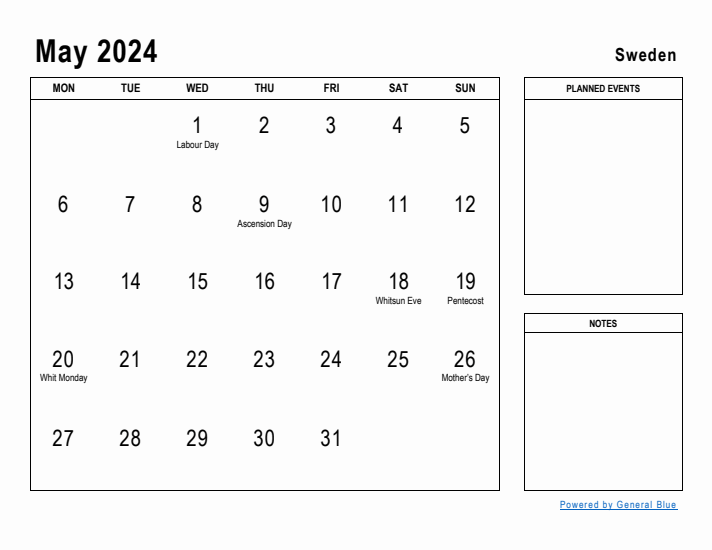 May 2024 Printable Monthly Calendar with Sweden Holidays