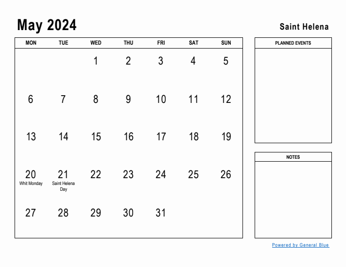 May 2024 Printable Monthly Calendar with Saint Helena Holidays