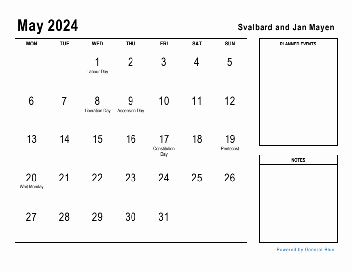 May 2024 Printable Monthly Calendar with Svalbard and Jan Mayen Holidays