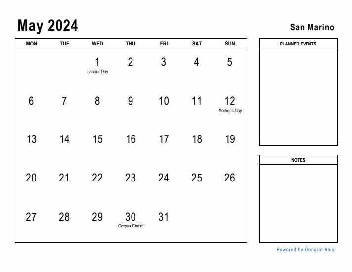 May 2024 Printable Monthly Calendar with San Marino Holidays