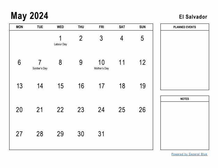 May 2024 Printable Monthly Calendar with El Salvador Holidays