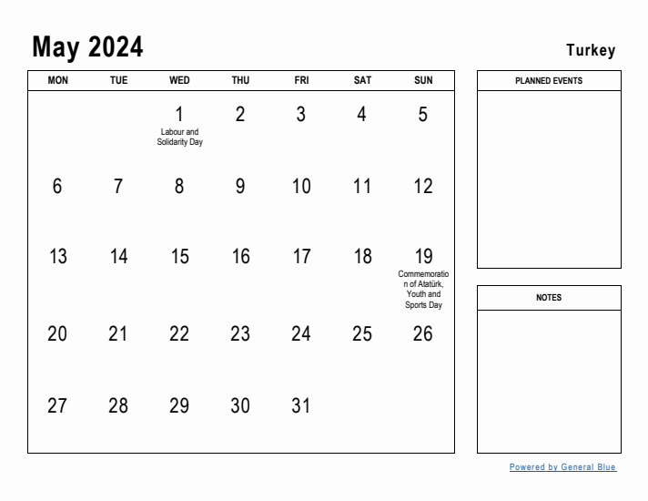 May 2024 Printable Monthly Calendar with Turkey Holidays