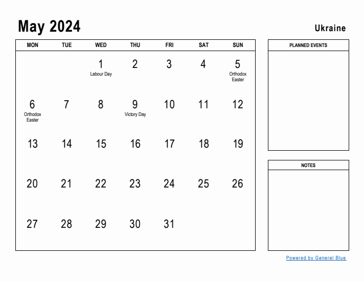 May 2024 Printable Monthly Calendar with Ukraine Holidays