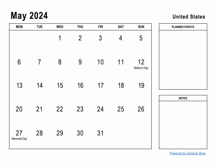 May 2024 Printable Monthly Calendar with United States Holidays