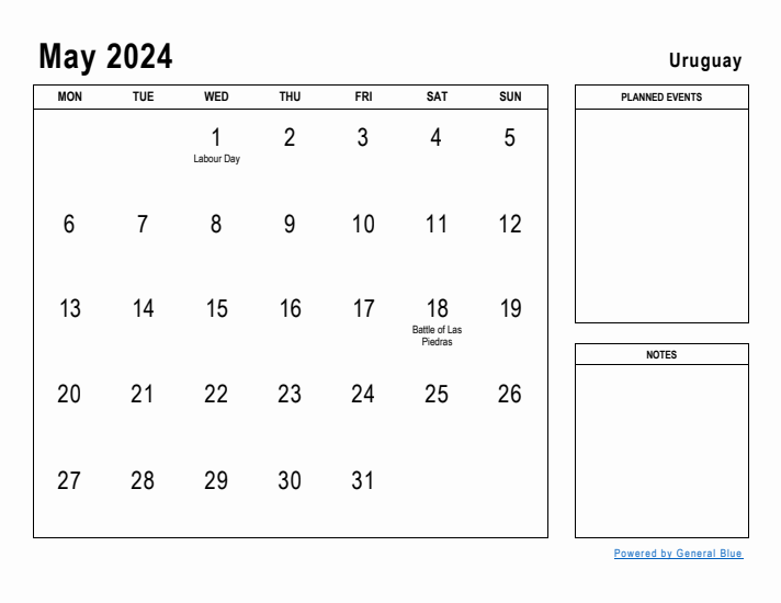 May 2024 Printable Monthly Calendar with Uruguay Holidays