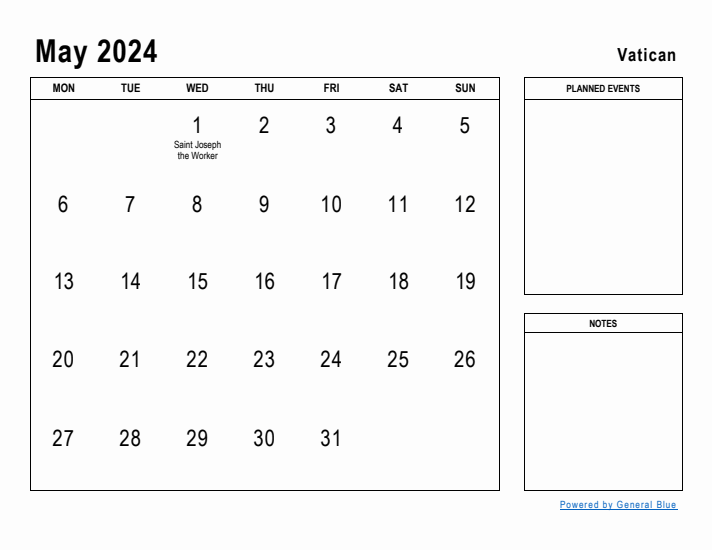 May 2024 Printable Monthly Calendar with Vatican Holidays