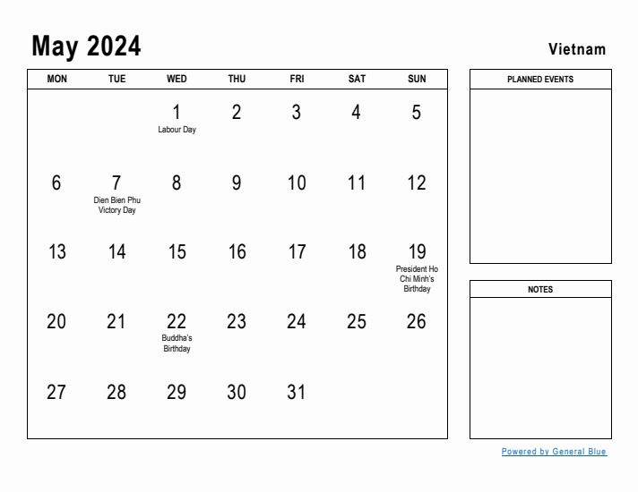 May 2024 Printable Monthly Calendar with Vietnam Holidays