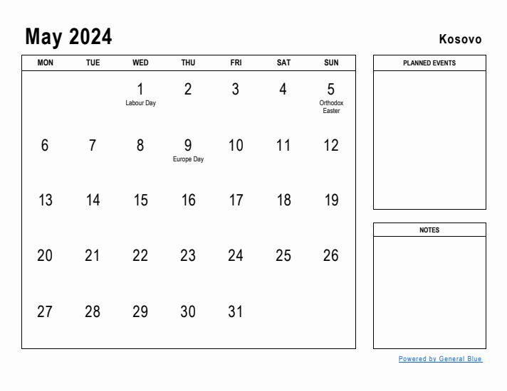 May 2024 Printable Monthly Calendar with Kosovo Holidays