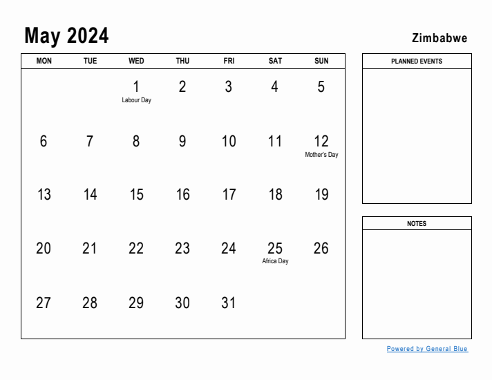 May 2024 Printable Monthly Calendar with Zimbabwe Holidays