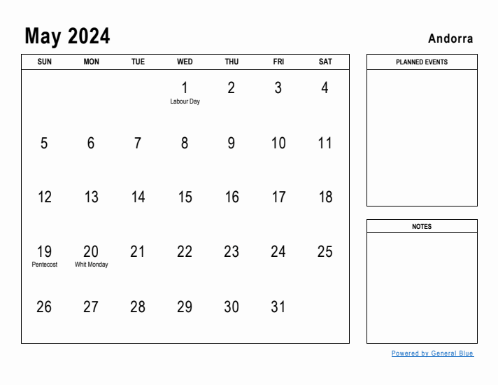 May 2024 Printable Monthly Calendar with Andorra Holidays