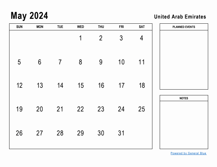 May 2024 Printable Monthly Calendar with United Arab Emirates Holidays