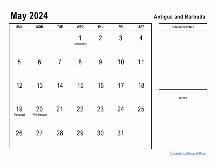 May 2024 Printable Monthly Calendar with Antigua and Barbuda Holidays