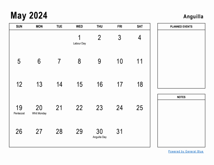 May 2024 Printable Monthly Calendar with Anguilla Holidays