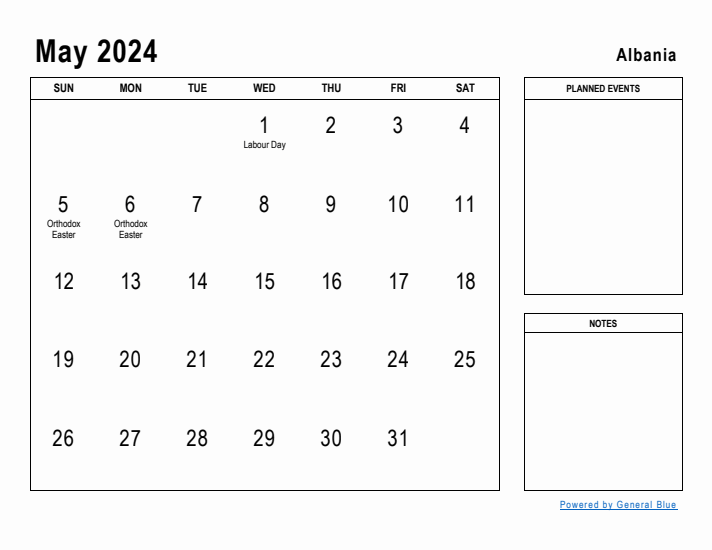 May 2024 Printable Monthly Calendar with Albania Holidays