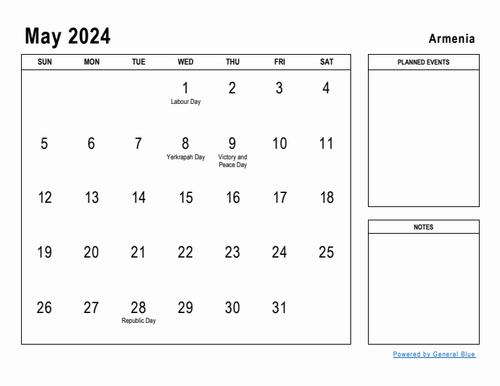 May 2024 Printable Monthly Calendar with Armenia Holidays