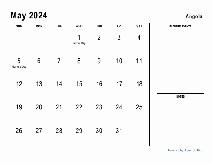 May 2024 Printable Monthly Calendar with Angola Holidays