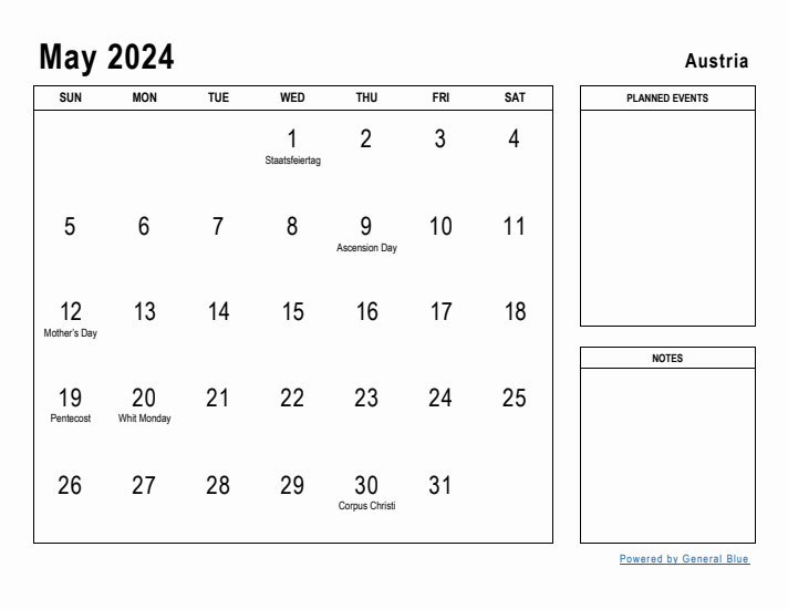 May 2024 Printable Monthly Calendar with Austria Holidays