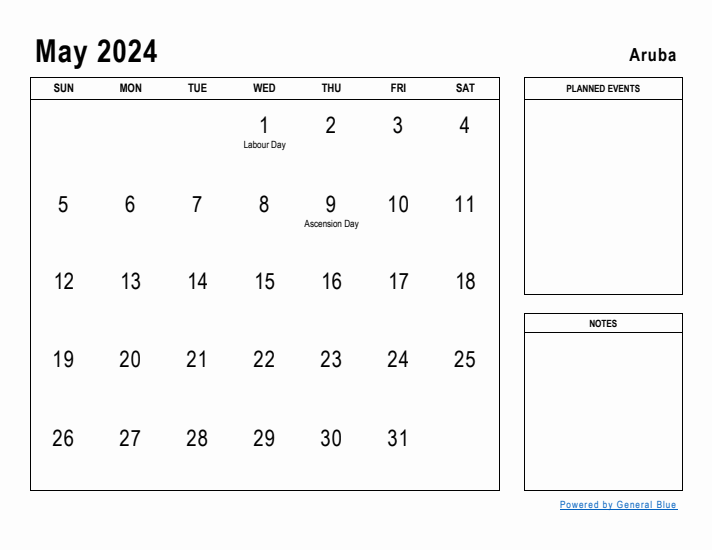 May 2024 Printable Monthly Calendar with Aruba Holidays