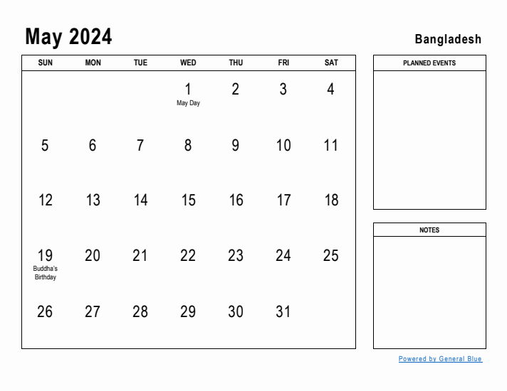 May 2024 Printable Monthly Calendar with Bangladesh Holidays