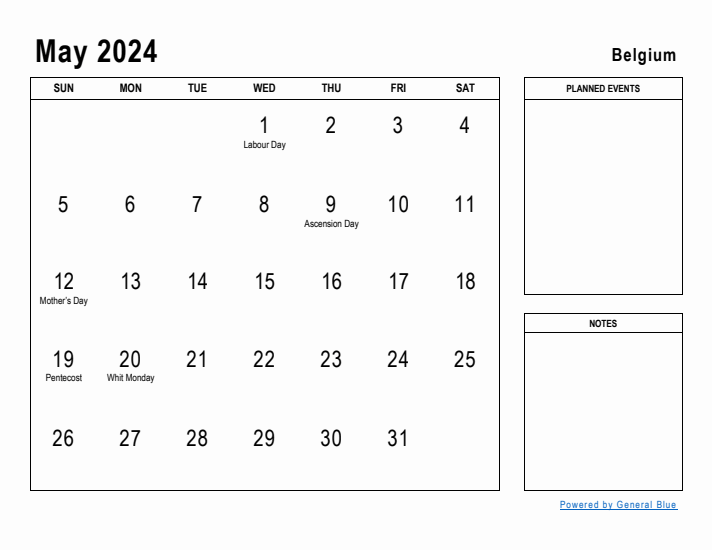 May 2024 Printable Monthly Calendar with Belgium Holidays