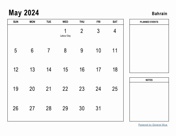 May 2024 Printable Monthly Calendar with Bahrain Holidays