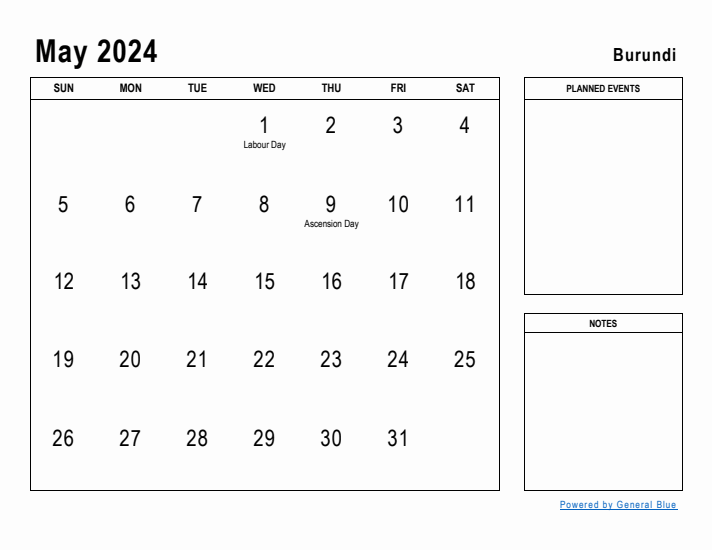 May 2024 Printable Monthly Calendar with Burundi Holidays