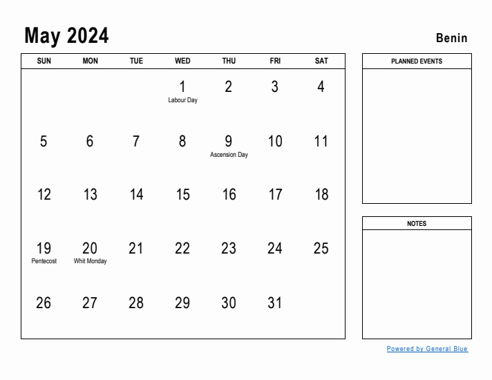 May 2024 Printable Monthly Calendar with Benin Holidays